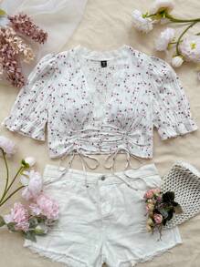 Dreamara Plus Size Crop Top With Drawstring And Ditsy Floral Print