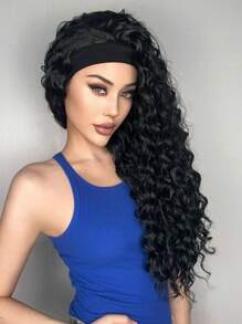 女性合成纖維頭帶假髮,鬈曲頭帶假髮26寸波浪假髮帶附帶頭帶不需膠半頭帶假髮耐高溫機製頭帶假髮 - 黑色 - 查看 4
