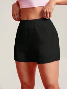 SHEIN PETITE 女性夏季純色修身短褲 - 黑色 - 查看 7