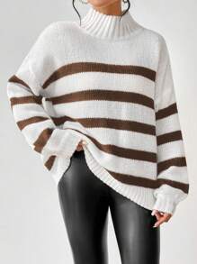 SHEIN Essnce Women's Fall/Winter Striped Drop Shoulder Wide Sleeve Loose Sweater With Stand Collar Knit Pullover