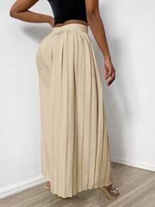 Zolique 女士時尚高腰實色寬腿百褶褲 - 卡其色 - 查看 3