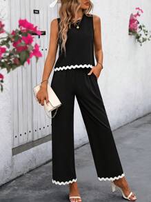 SHEIN LUNE Contrasting Shell Edge Sleeveless Round Neck Top And Pocketed Long Pants Two Pieces Set - Black - View 1