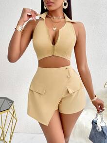 Women'S  Sexy Solid Color Deep V-Neck Zipper Top & Skort Biker Set - Khaki - View 4