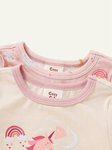 Cozy Pixies Baby Girl Snug Fit Pajama Set With Unicorn Rainbow Pattern Round Neck Short Sleeves Top And Pants, Homewear Matching Set