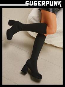 Sugerpunk Women's Shoes Minimalist Square Toe Platform Chunky Heeled Black Sock Boots For Summer For And Spring Shoes Spring Break Easter