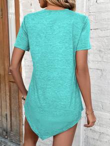 SHEIN LUNE 不對稱襬短袖t恤,帶鈕細節,夏季休閒 - 薄荷藍 - 查看 2