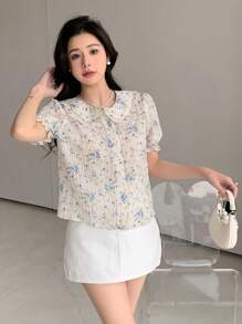 DAZY Peter Pan Collar Floral Bubble Short Sleeve Textured Shirt Summer