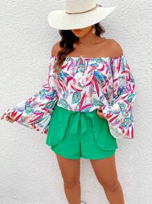 SHEIN Clasi Plus Size Leaf Print Off Shoulder Flared Sleeve Top And Shorts Set - Multicolor - View 7