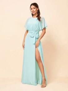 SHEIN Belle Elegant,Light Blue,Spring,Bridesmaid,Wedding Chiffon Dotted Dress, Backless Bow Tied See-Through Flying Sleeves High Slit A-Swing Prom Graduation - Green - View 5