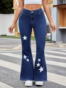 SHEIN EZwear Jeans Acampanados Para Uso Diario Con Patrón Impreso De Estrellas Para Mujeres - Azul lavado oscuro - Ver 6