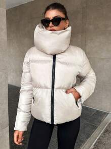 RueChic Scarf Neck Double Zipper Puffer Down Jacket - Beige - View 1