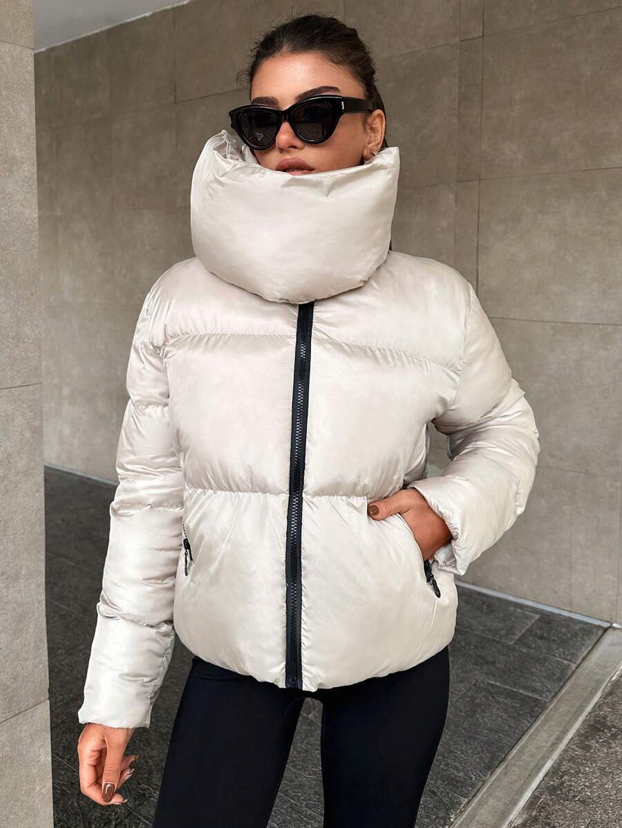 RueChic Scarf Neck Double Zipper Puffer Down Jacket - Beige - View 1