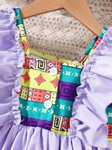 Baby Girls' Printed Patchwork Ruffle Edge Romper Dress For Summer - Purple - View 3
