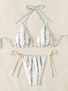 Swim Mod Women's Colorful Printed Halter Neck Tie Bikini Set Summer Beach - Multicolor - View 5