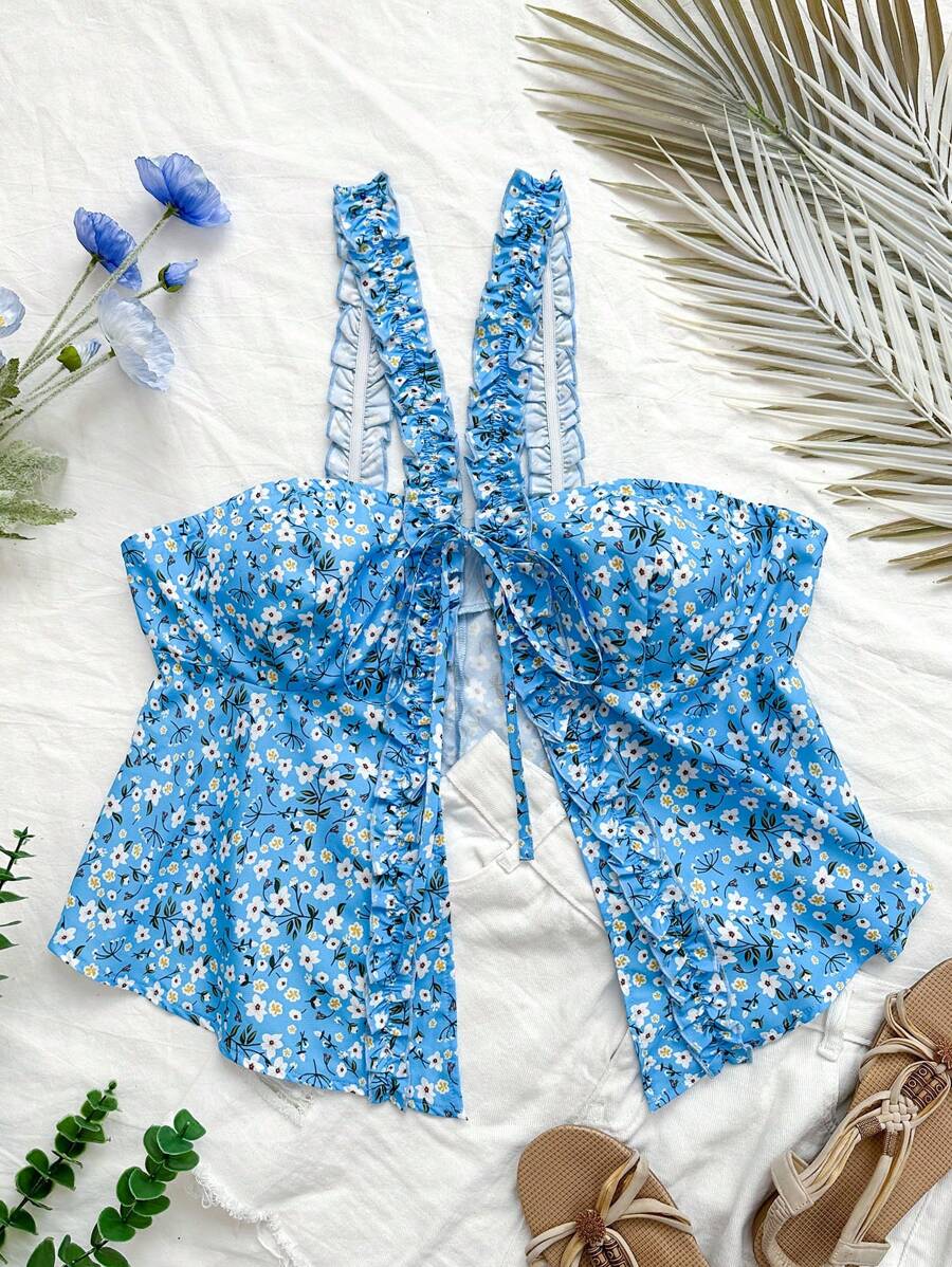 SHEIN WYWH Plus Size Women's Casual & Vacation Style Wide Strap Tank Top With Ruffle Trim And Tie-Dye Print In Blue And Floral Print, Semi-Transparent And Thigh Split Design.