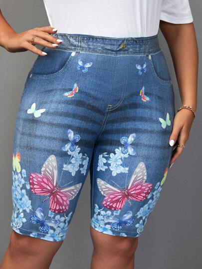 EMERY ROSE Plus Size Women's Butterfly & Flower Pattern Printed Short Leggings For Summer