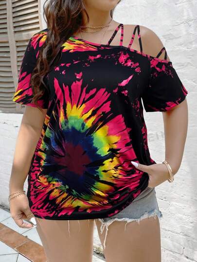 LONESS Camiseta de talla grande con cuello asimétrico y estampado de teñido anudado para verano, blusas gráficas para mujeres