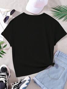 SHEIN Sparklyn Teen Girl Summer Round Neck Short Sleeve Casual T-Shirt With Letter & Cartoon Character Print,Holiday,Travel - Black - View 2