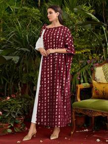Divindia Burgundy Red Women's Full Printed Asymmetrical Neckline Style Dress