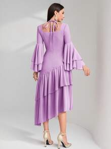 Modelyn Vestido de noche de unicolor con mangas acampanadas, volantes y bajo asimétrico para mujeres