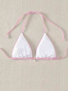 SHEIN Swim Summer Beach Solid Color Halterneck Tie Back Bikini Top - Pink - View 2