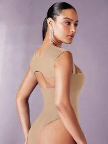 Silquee Women's Solid Color Sleeveless Sweetheart Neck Backless Bodysuit - Khaki - View 3