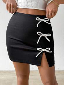 Chiquease Summer Color Block Bow Decorated Slit Design Slim Fit Mini Skirt - Black - View 1