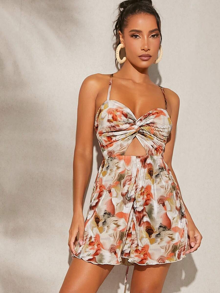 Hauture Floral Print Plisse Twist Cross Back Romper - Apricot - View 1