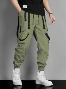 Manfinity EMRG Men Contrast Tape Flap Pocket Drawstring Waist Cargo Trousers - Army Green - View 5