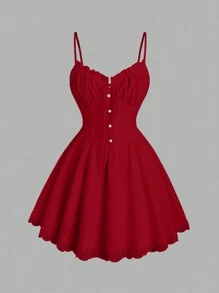 Sweetra Pleated Chest & Waist Cinching Lace Hem Splice Sleeveless Dress For New Year Clothes Dress Redcute Red Dressred Summer Dressdresses Redteen Dress Red - Red - View 1