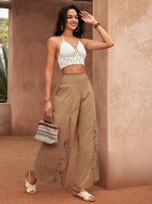 Chiquease Waist Drawstring Contrast Lace Pants Fall Cloth For Women - Khaki - View 1