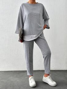 Cottnline Camiseta de hombros caídos 2 en 1 de 90% algodón y pantalones con detalle de costura - Gris - Ver 6