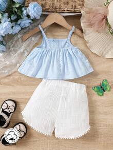 SHEIN Baby Girl Casual Vintage Simple Home Wear Basic Tank Top And Shorts Set, Suitable For Spring And Summer Outing - Baby Blue - View 2