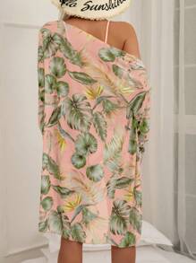 SHEIN Swim Summer Beach Tropical Print Spaghetti Strap Contrast Tropical Print Bikini Set & Kimono
