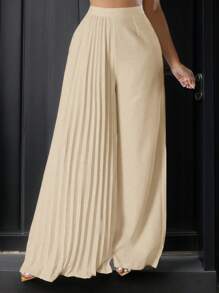 Zolique 女士時尚高腰實色寬腿百褶褲 - 卡其色 - 查看 1