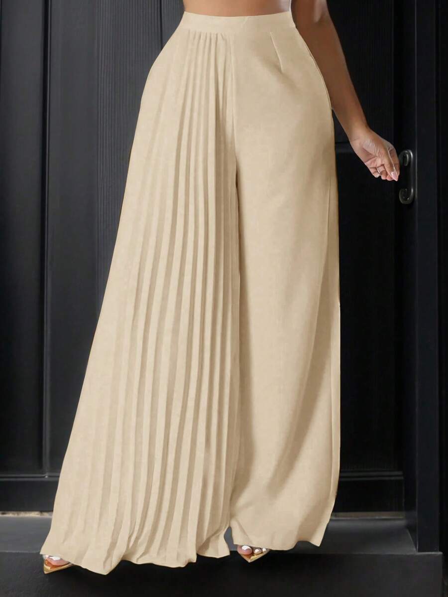 Zolique 女士時尚高腰實色寬腿百褶褲 - 卡其色 - 查看 1