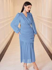 Modelyn Women's Fashionable Summer Solid Color Long Sleeve Dress With Pleated Design