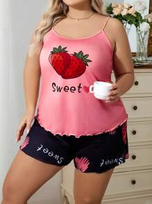 SweetSlumber Plus Size Summer Strawberry Print Tank Top And Shorts Pajama Set - Multicolor - View 3