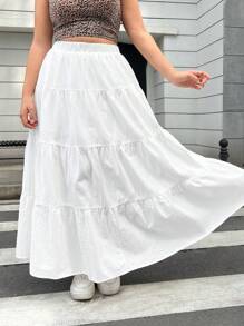 SHEIN EZwear Váy xòe xếp tầng màu trơn cỡ lớn cho nữ - trắng - Xem 6