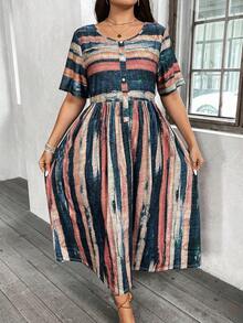 SHEIN LUNE Kích thước lớn Retro Mẫu sọc Ngắn tay Nút Lên Trang trí Mùa hè Đầm - Nhiều màu - Xem 3