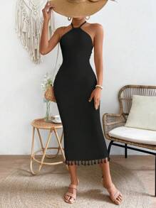 Breezaya Summer Casual Fringe Tassel Hem Halter Neck Split Dress Maxi Vacation Beach Outfits Women - Black - View 3