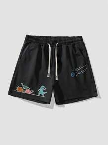 Manfinity LEGND Pantalones cortos casuales de verano con estampado de dinosaurio de dibujos animados, shorts de sudadera lisos para salir, para regalo de esposo o novio
