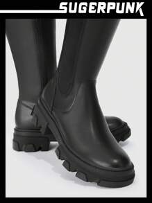 SHEIN X Lucía Bellido Sugerpunk Botines Chelsea de plataforma minimalistas de tacón alto para mujer, de color negro, para vacaciones de verano, rebajas de verano, de vuelta al colegio, para estudiantes universitarias, con estilo Y2K punk, cool, deportivos, para Navidad, otoño y Año Nuevo