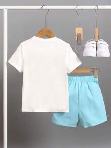 SHEIN 2pcs Young Boy Palm Tree Letter Print Short Sleeve T-Shirt And Shorts Set, For Getaway, Holiday, Travel, Relax, Sunbathing, Summer - White - View 2