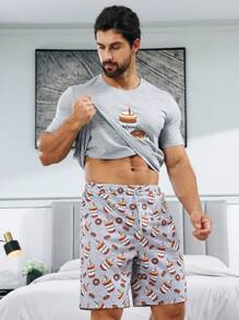 Men Casual Coffee Print Short Sleeve And Shorts Homewear Set