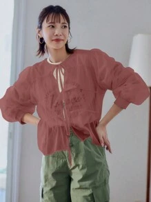 FRIFUL Ladies' Loose Fit Lantern Sleeve Mesh Top With Front Tie Design For Spring & Summer,Fall Clothes Long Sleeve Women Tops - Redwood - View 5