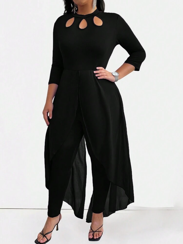 Plus Size Hollow Out Front Tie Decorated Jumpsuit