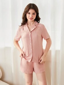 Teen Girl Pink Simple Fashionable Short Sleeve T-Shirt And Shorts Homewear 2pcs/Set For Spring And Summer - Pink - View 6