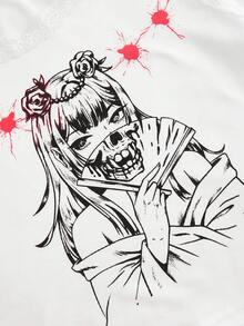 ROMWE Anime Top de camisola con encaje y parche de encaje con impresión de una niña japonesa de terror - Blanco - Ver 3
