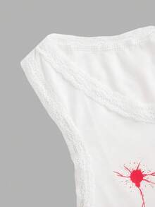 ROMWE Anime Top de camisola con encaje y parche de encaje con impresión de una niña japonesa de terror - Blanco - Ver 4